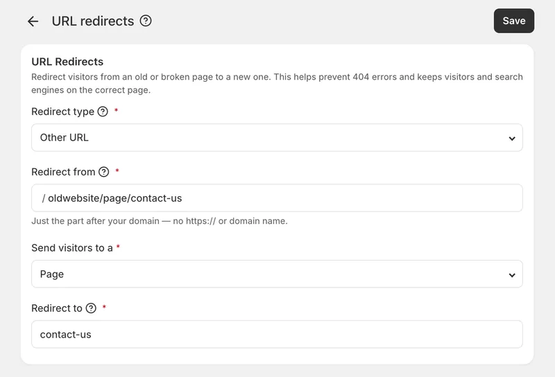 Redirect old URLs from your previous website