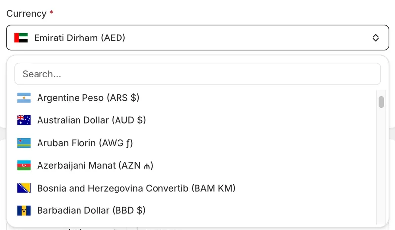 A searchable currency picker