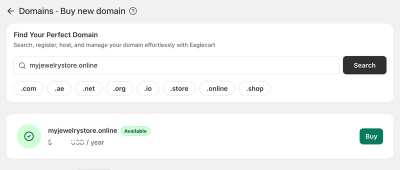 Buy and Connect Your Domain, All Inside Eaglecart