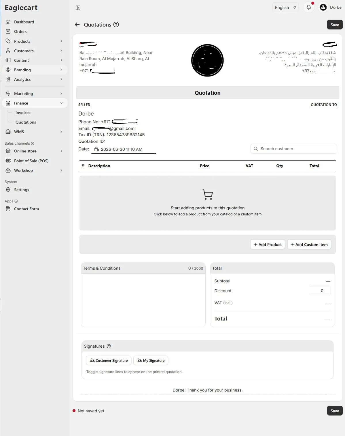 Create a quotation online in the UAE - Eaglecart Create Quotation screen
