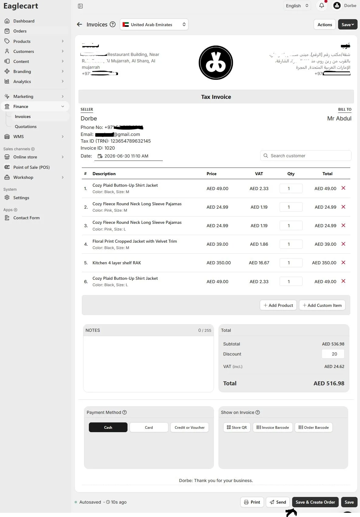 Apply a discount and create an order from an invoice in Eaglecart UAE