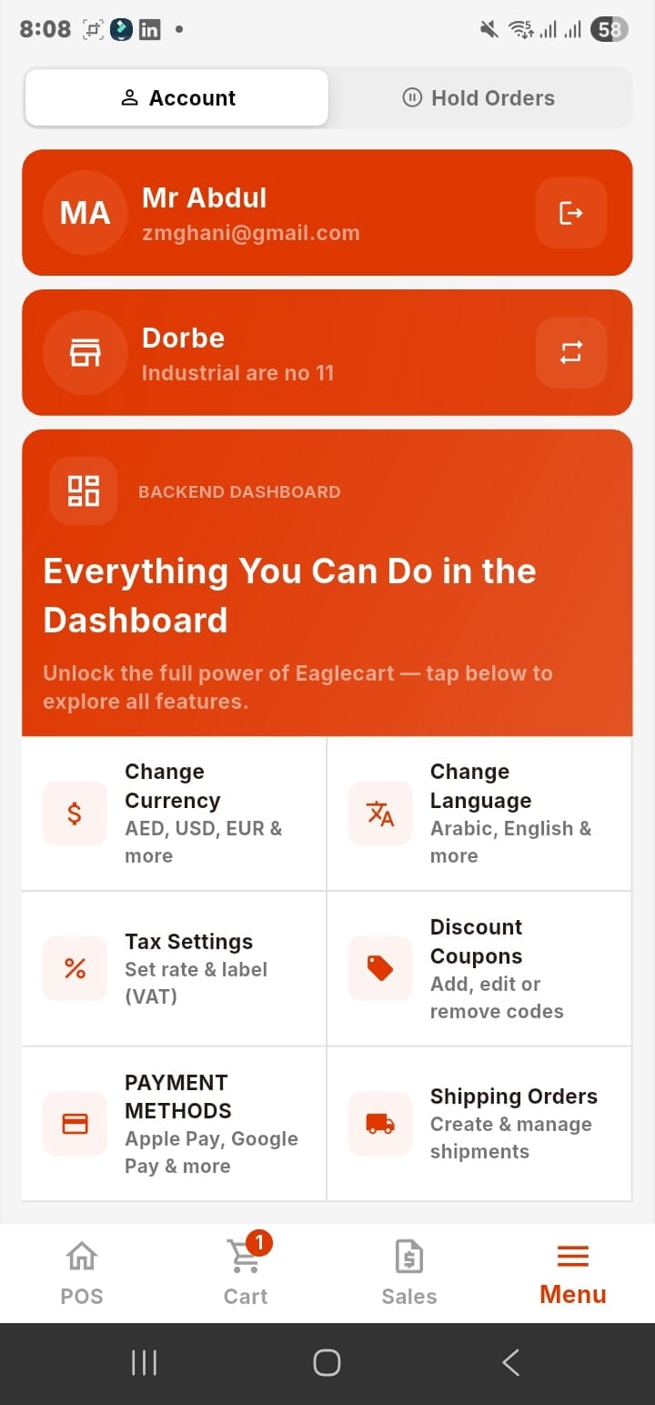 Eaglecart mobile POS account and settings menu with backend dashboard access