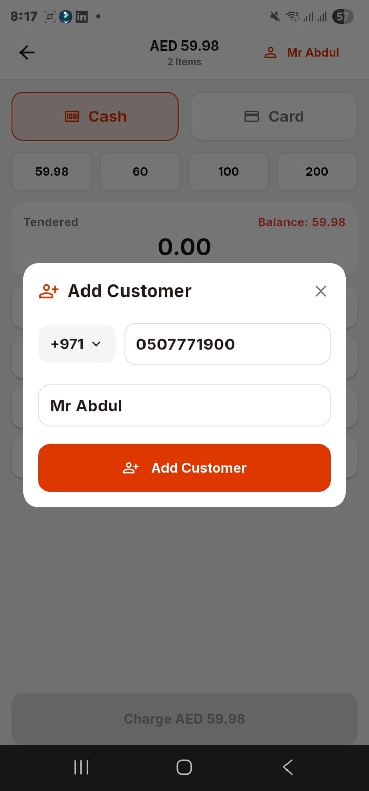 Eaglecart mobile POS adding a customer to the order at checkout