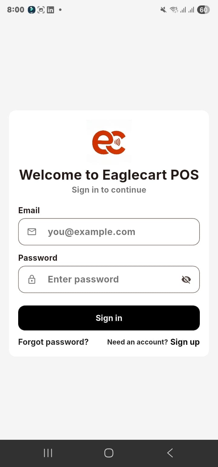 Eaglecart mobile POS login screen on Android