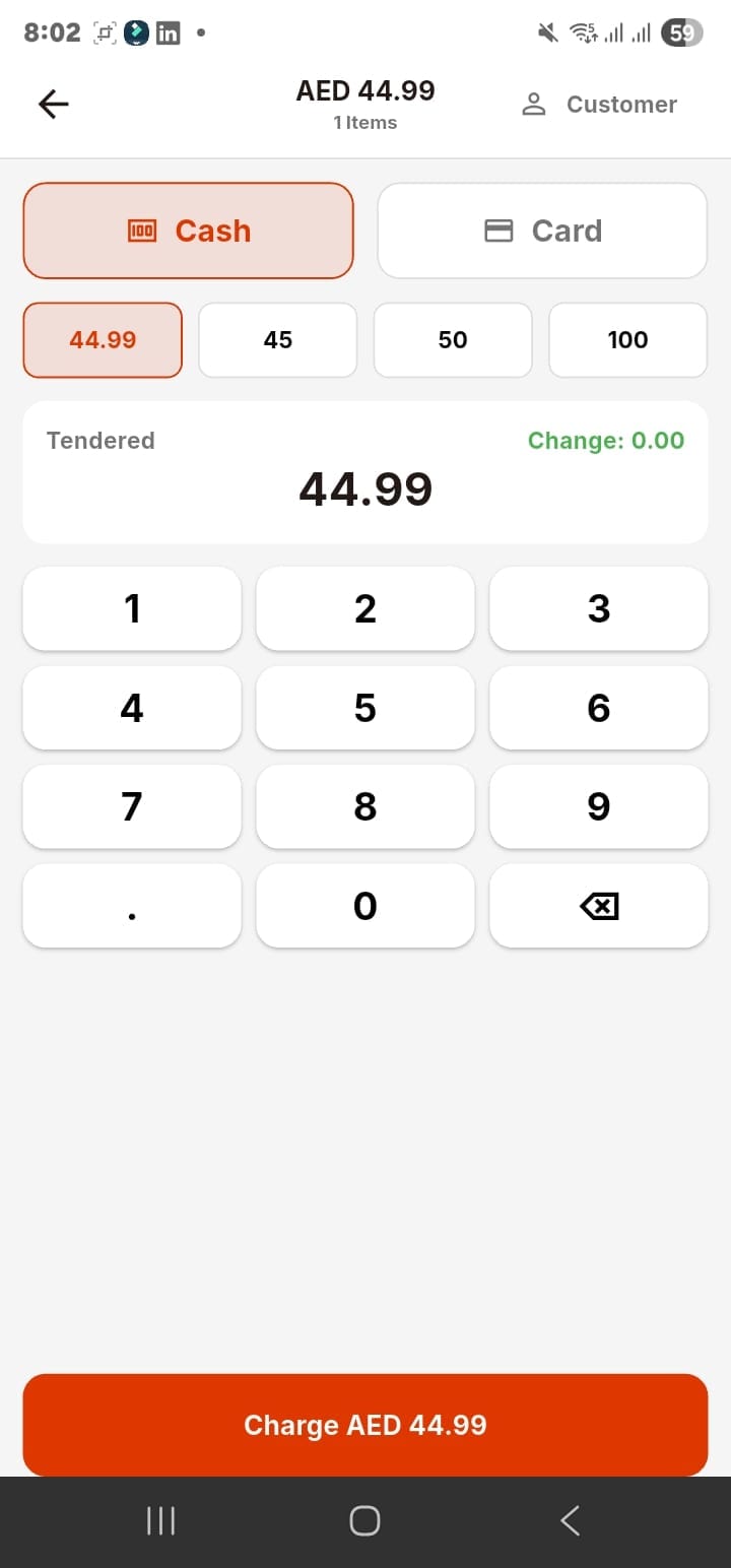 Eaglecart mobile POS payment screen — cash and card options with quick-tap amounts