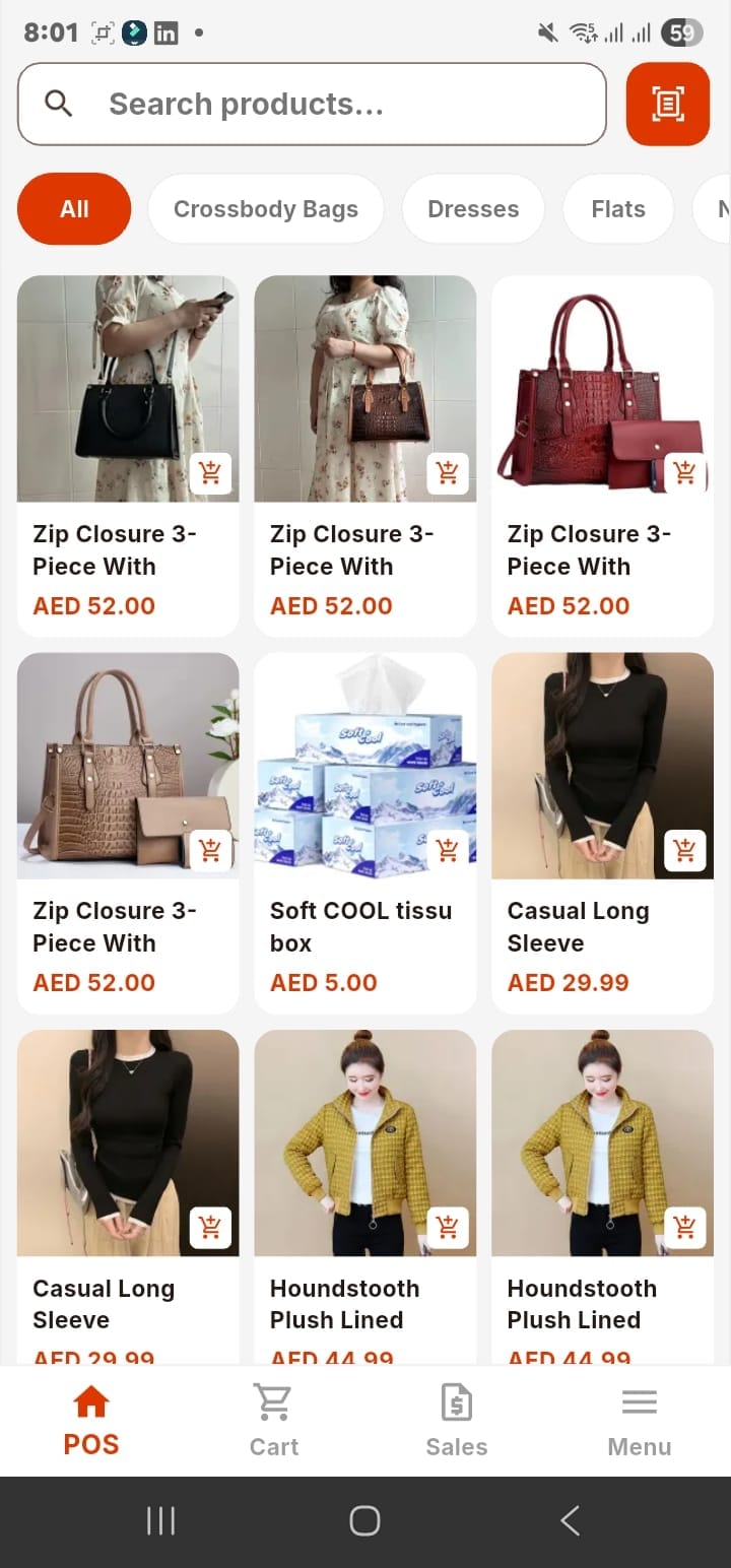 Eaglecart mobile POS product catalogue with category tabs and search