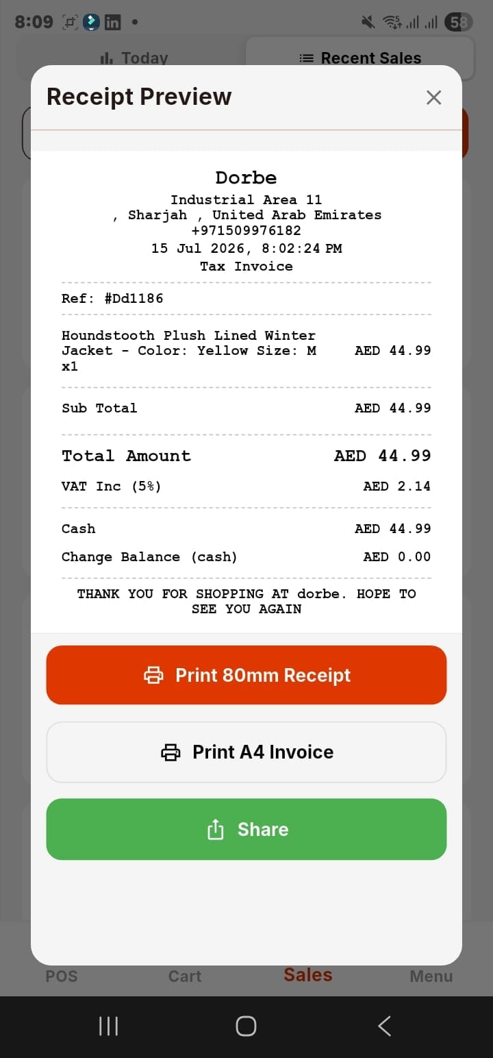 Eaglecart POS receipt options — view, share, print 80mm and A4