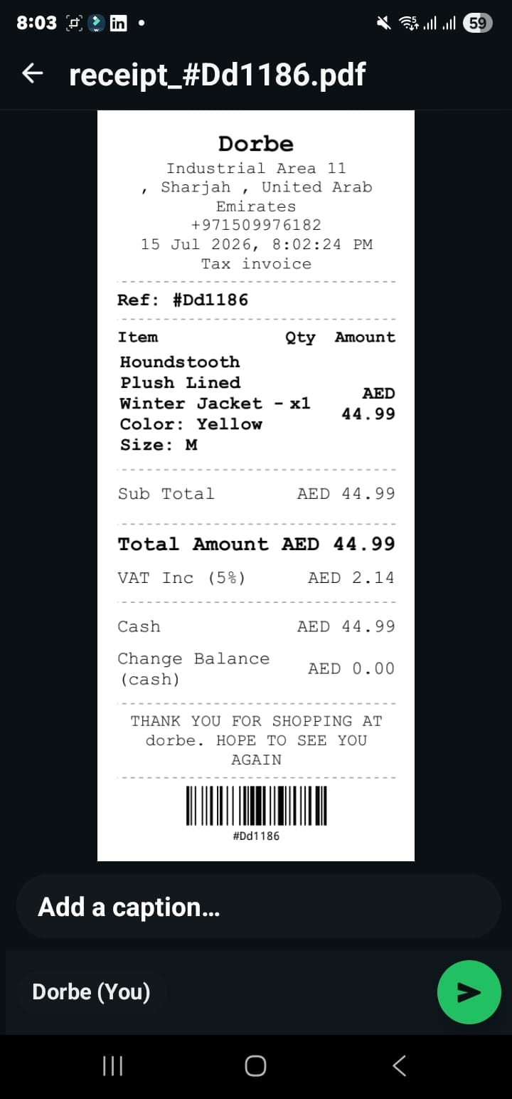 Eaglecart mobile POS sale complete — sharing the receipt on WhatsApp