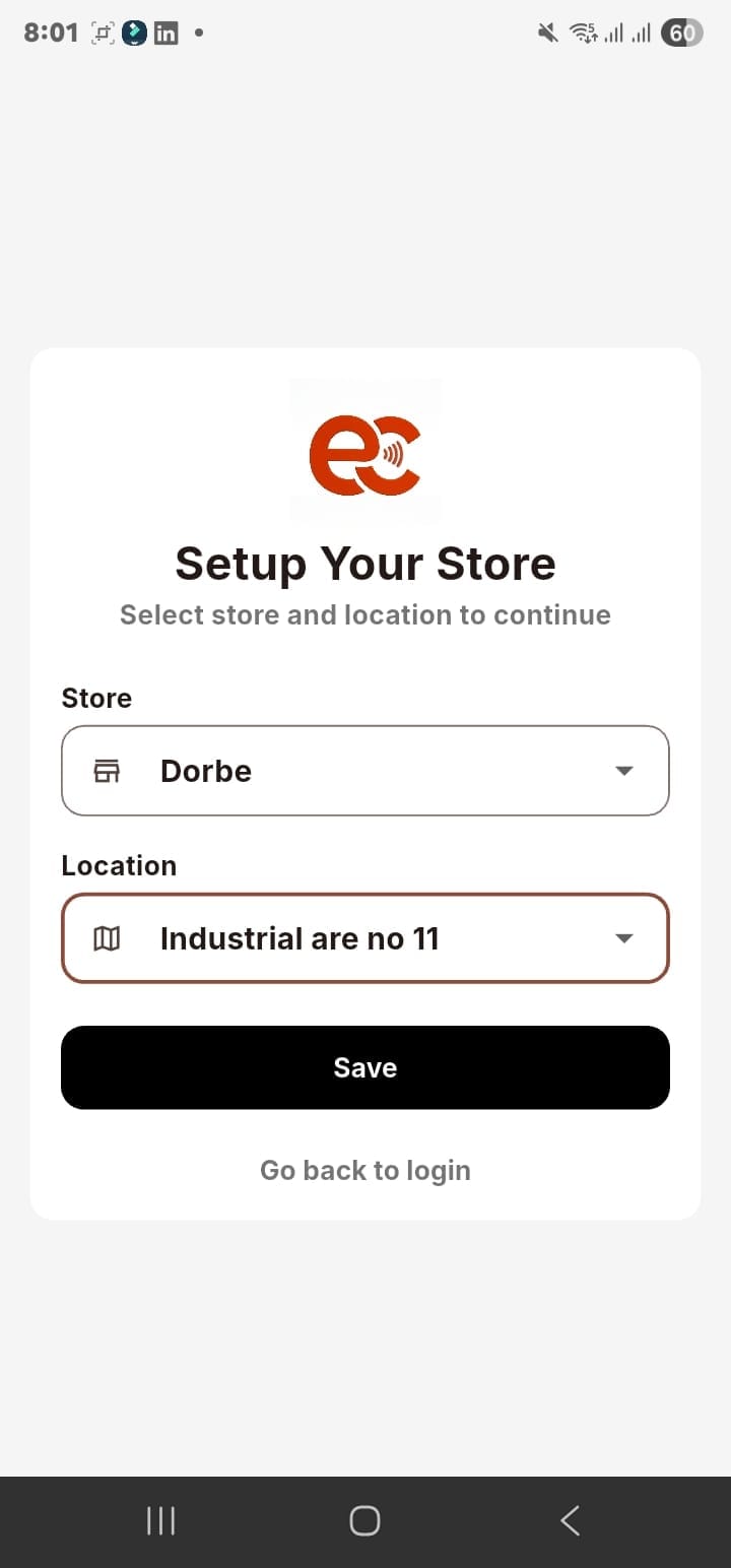 Eaglecart mobile POS selecting store and location at login — each device logs in to its own location