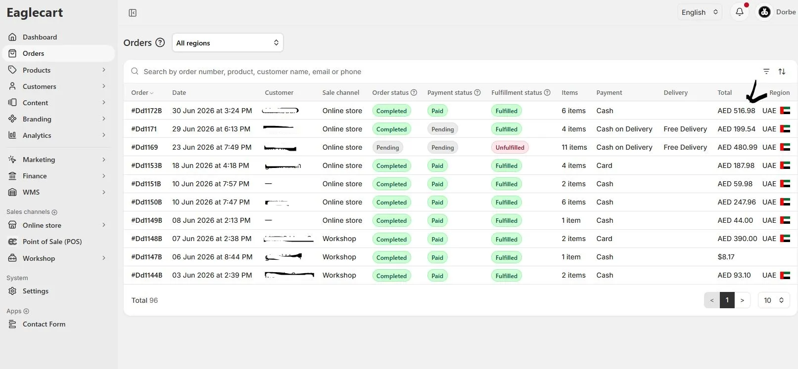 Order management system in the UAE - Eaglecart orders table