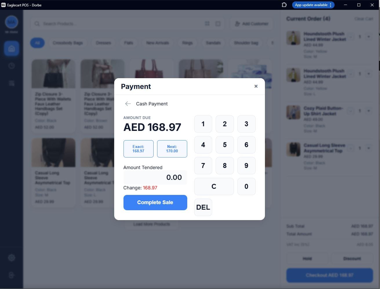 Eaglecart POS completing a sale with VAT calculated automatically and shown on the receipt