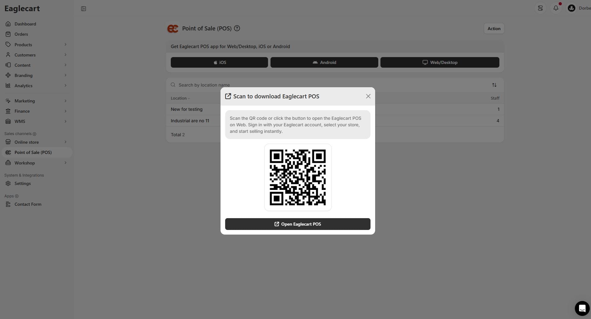 Eaglecart POS available on iOS, Android and web or desktop — no dedicated hardware required