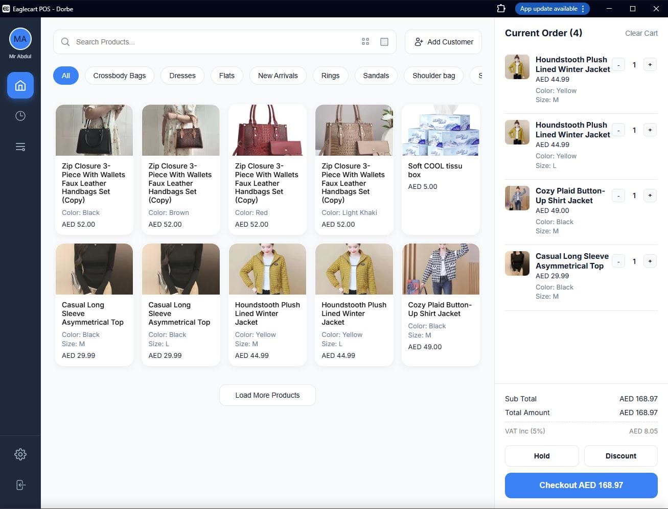 Eaglecart POS product catalogue and cart — same stock as the online store, updated in real time