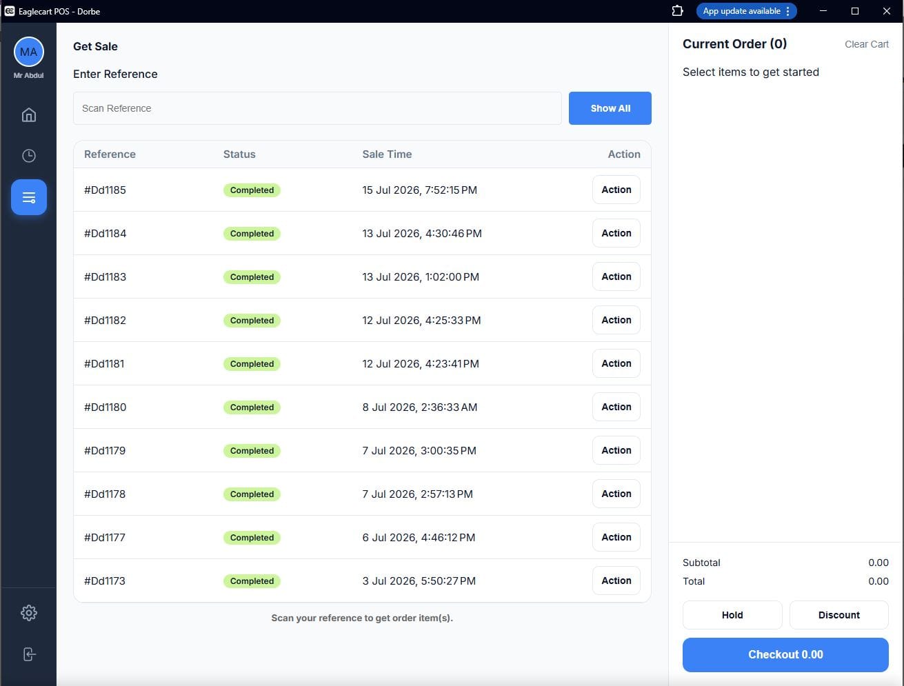 Eaglecart POS sales history showing completed orders with date, time and reference — per location