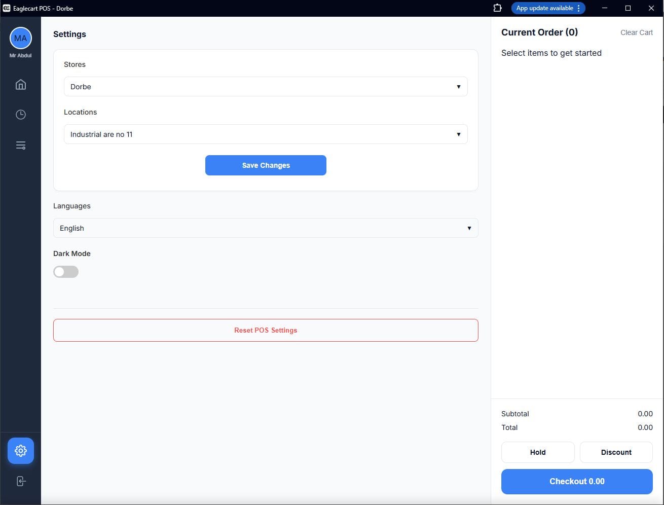 Eaglecart POS settings — switching store, location and language on any device