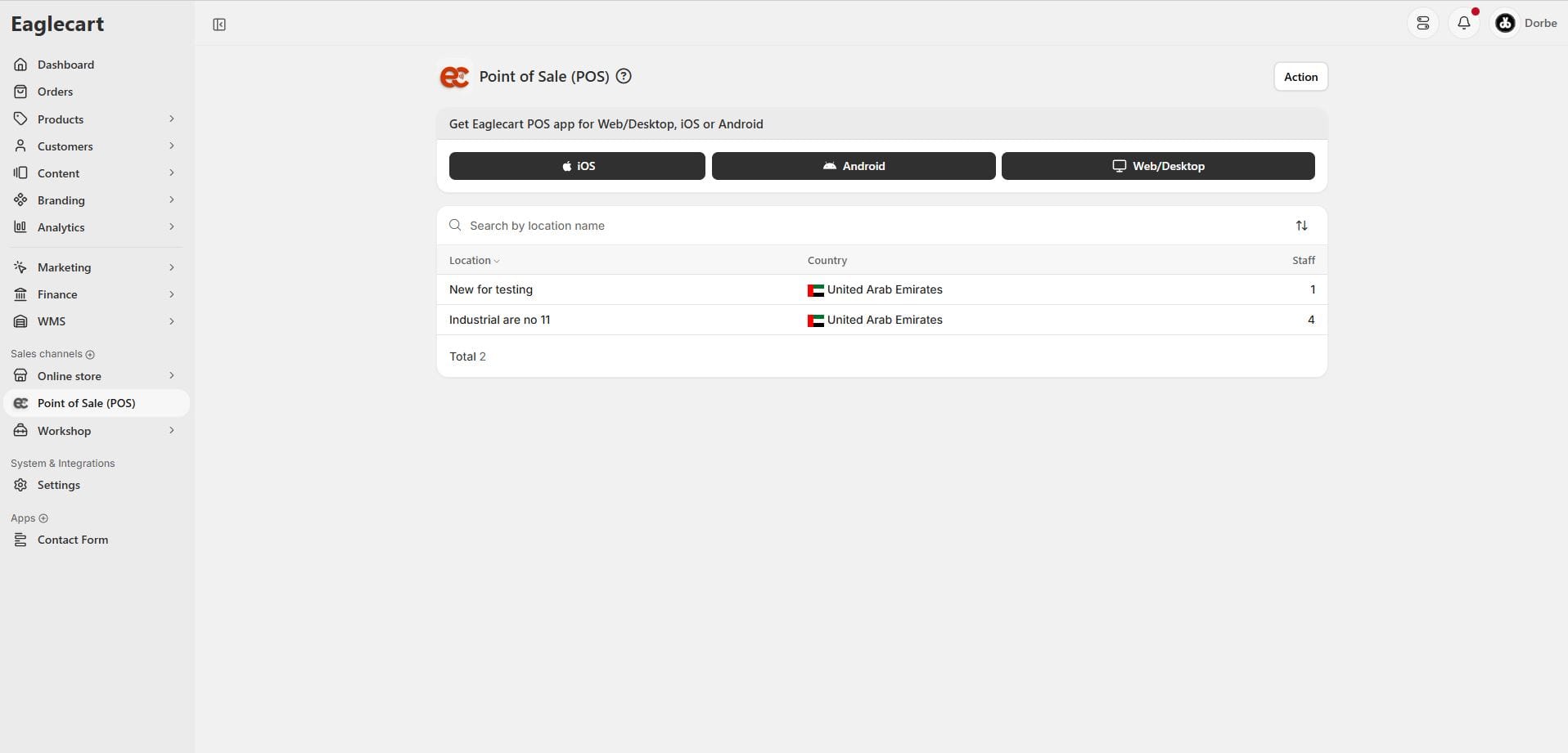 Eaglecart POS showing multiple store locations in the UAE — each with location name and staff count