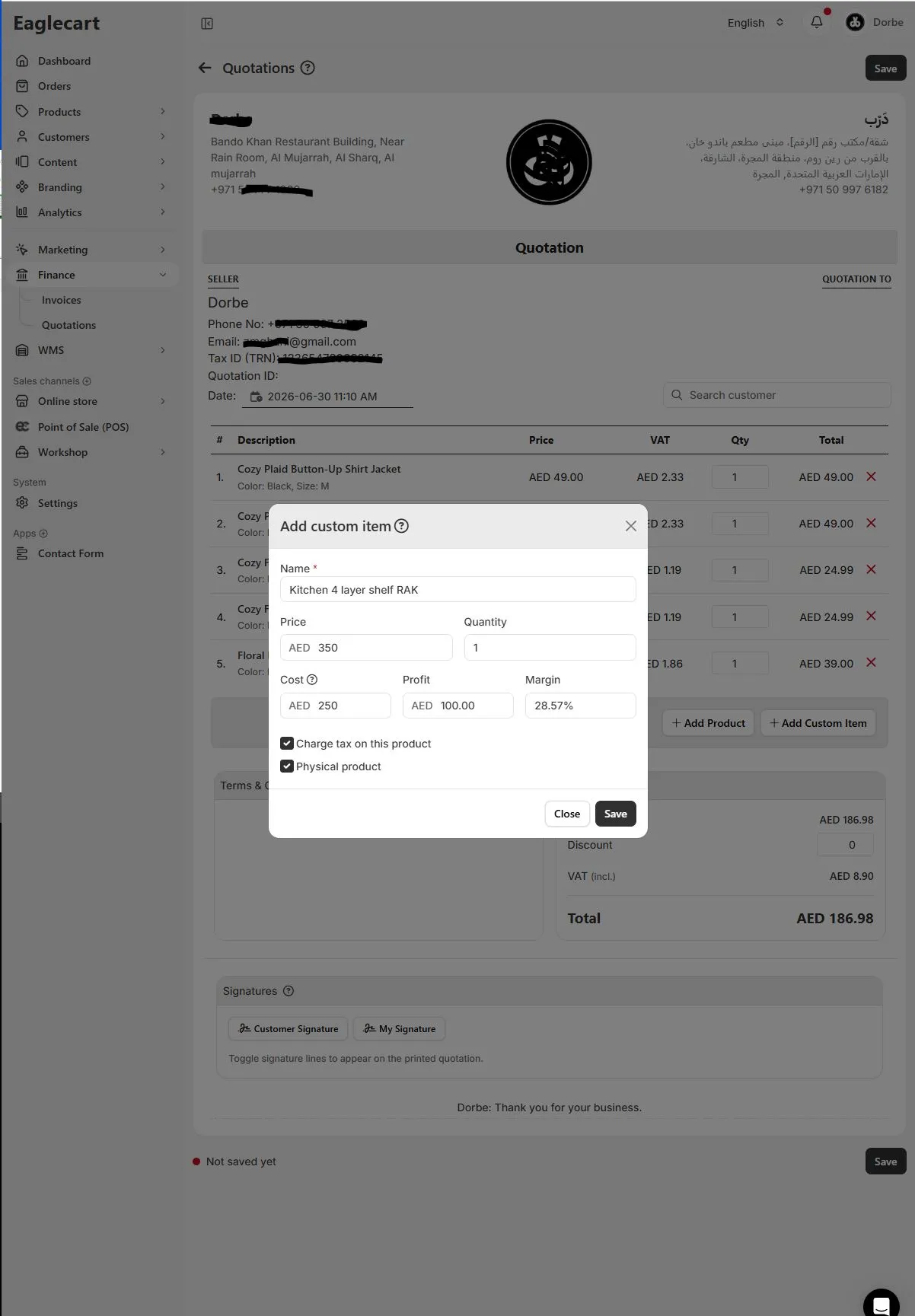 Add a custom item or service to a quotation in Eaglecart UAE
