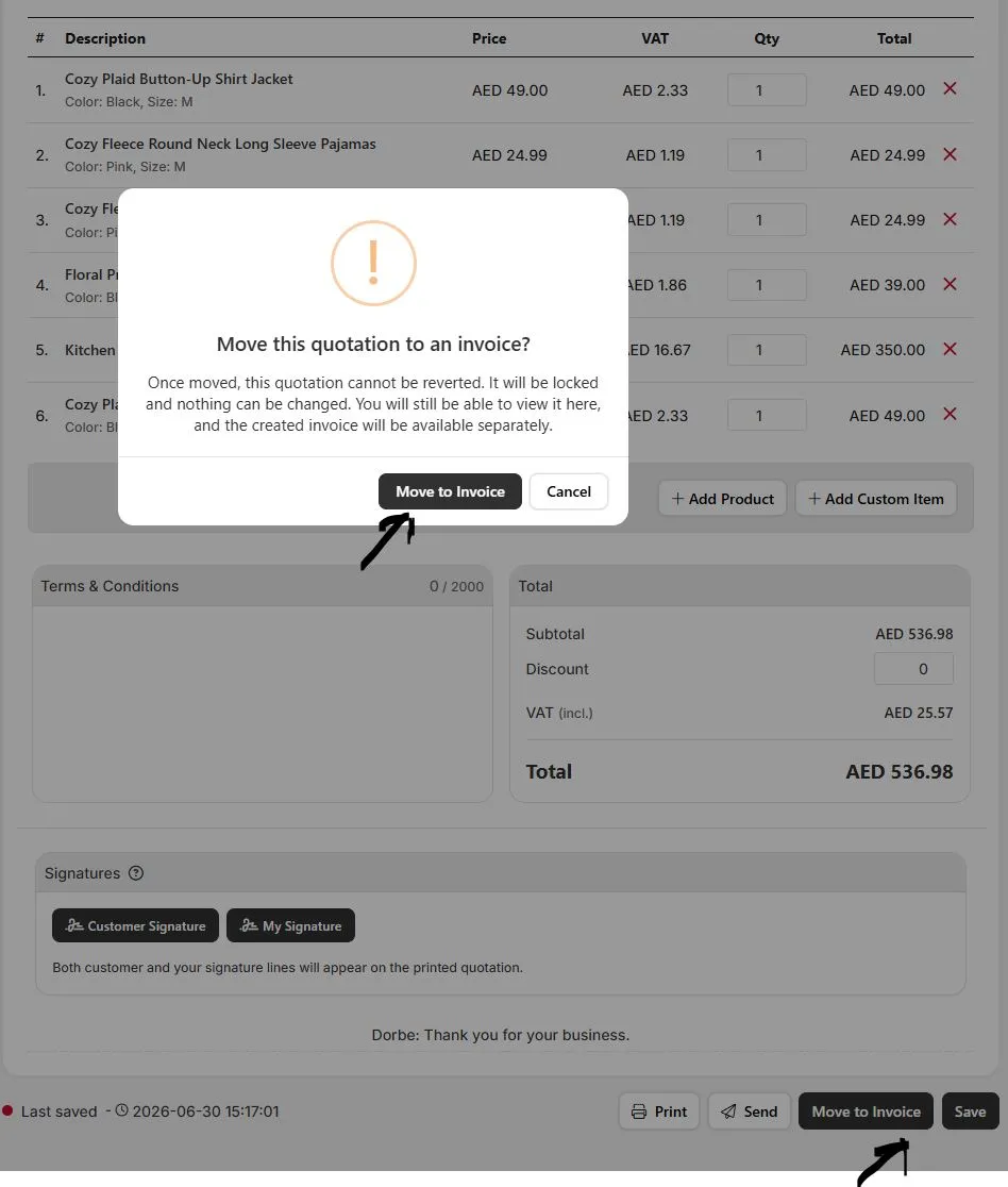 Quotation converted to invoice and locked in Eaglecart UAE