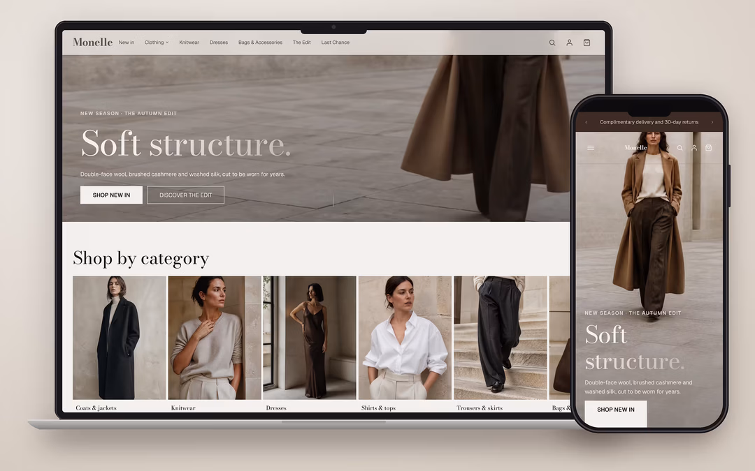 Monelle ecommerce theme preview for a UAE online store on desktop and mobile