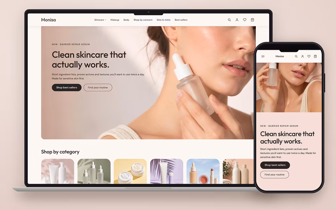 Monisa ecommerce theme preview for a UAE online store on desktop and mobile