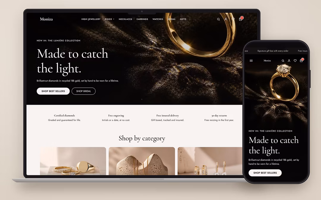 Moniza ecommerce theme preview for a UAE online store on desktop and mobile