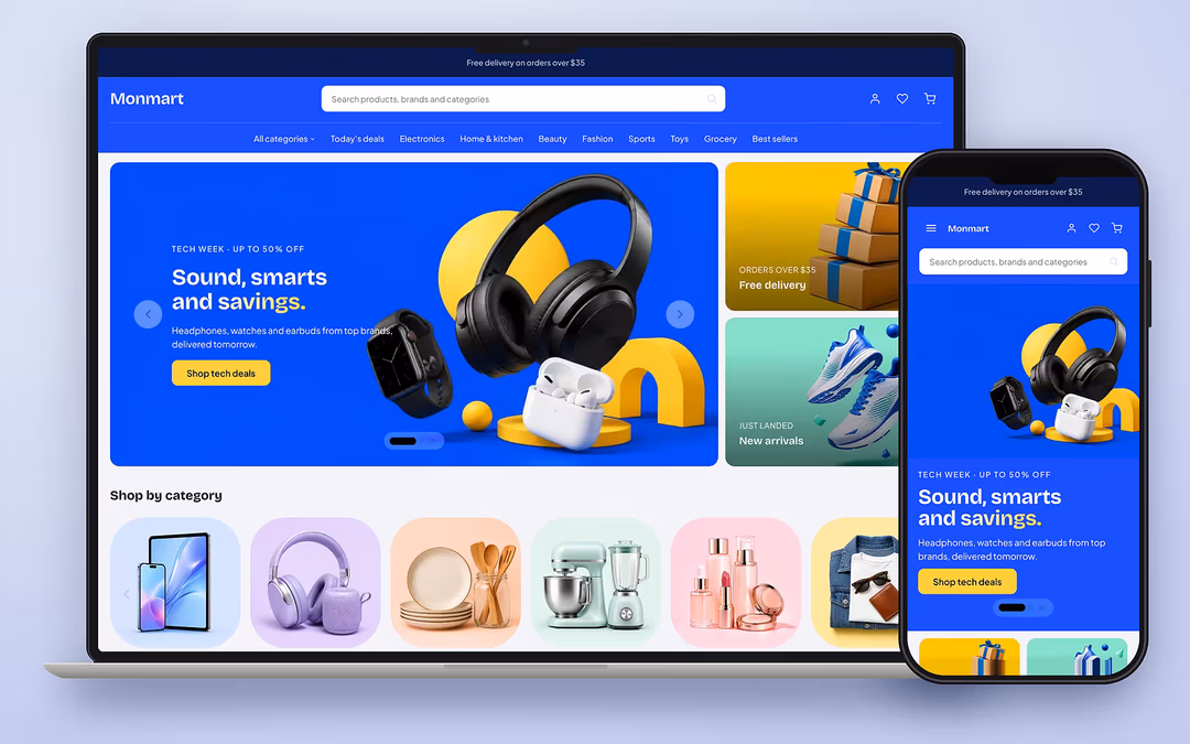 Monmart ecommerce theme preview for a UAE online store on desktop and mobile