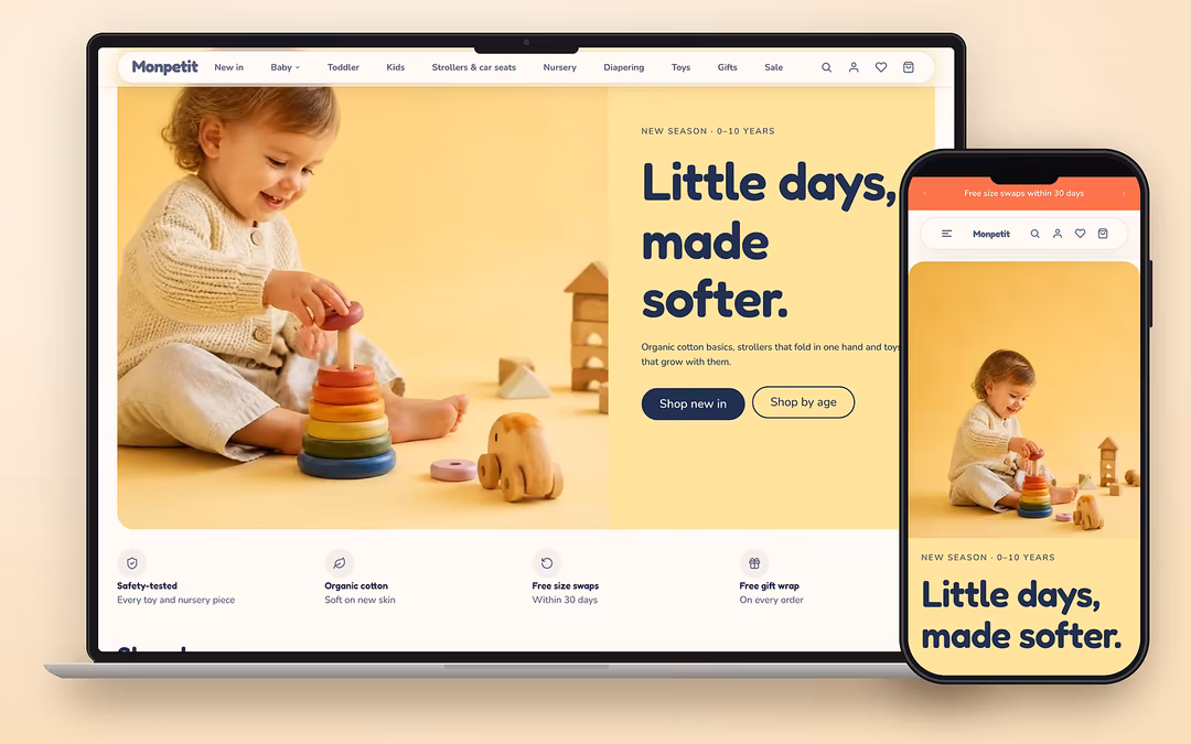 Monpetit ecommerce theme preview for a UAE online store on desktop and mobile