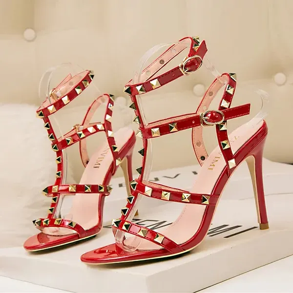 Stylish Red Studded High Heels - Glamorous Stiletto Sandals