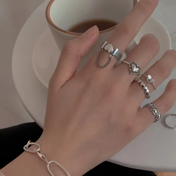 5 Pieces Silver Plated Bohemian Ring Set