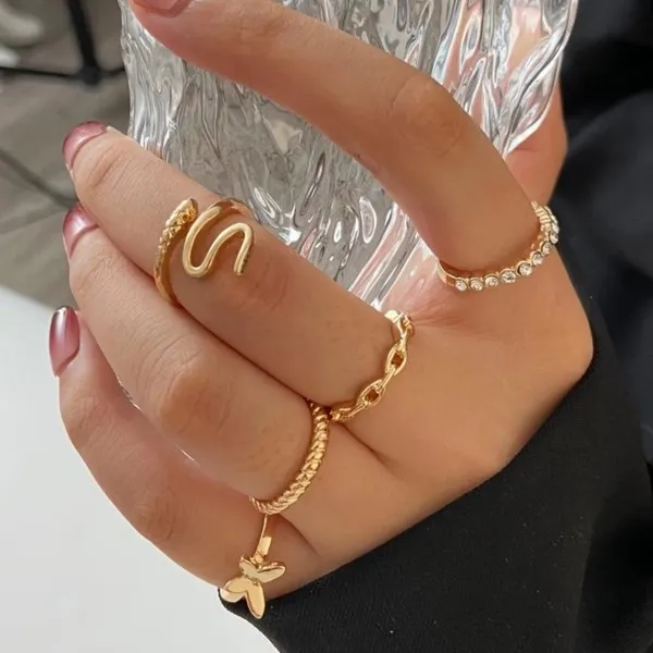 5 Piece Gold Crystal and Pearl Ring Set