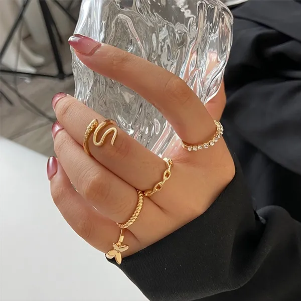 5 Piece Gold Crystal and Pearl Ring Set