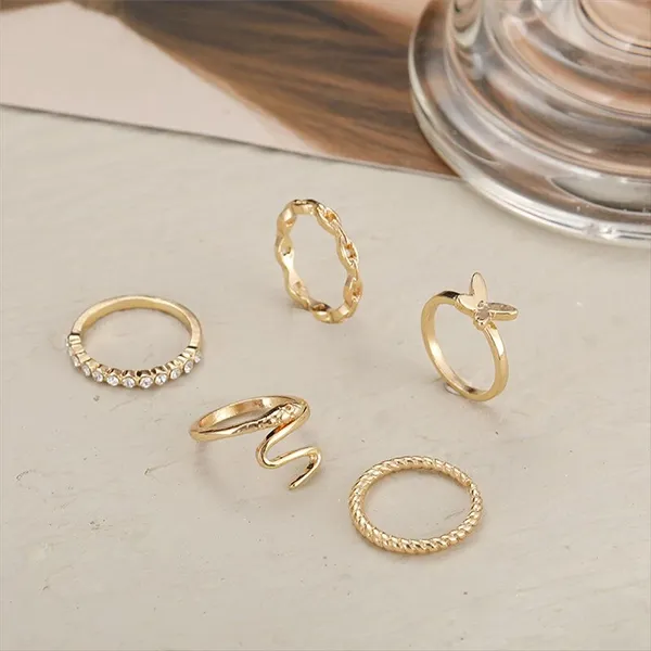 5 Piece Gold Crystal and Pearl Ring Set