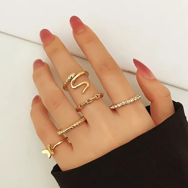 5 Piece Gold Crystal and Pearl Ring Set