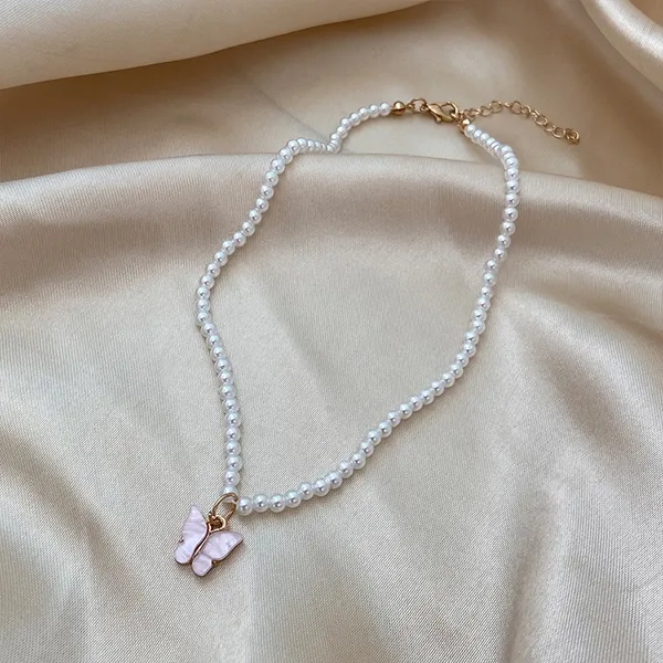 Pearl Butterfly Pendant Chain Necklace