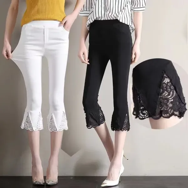 White Stretchy Cropped Pants With Lace Hem