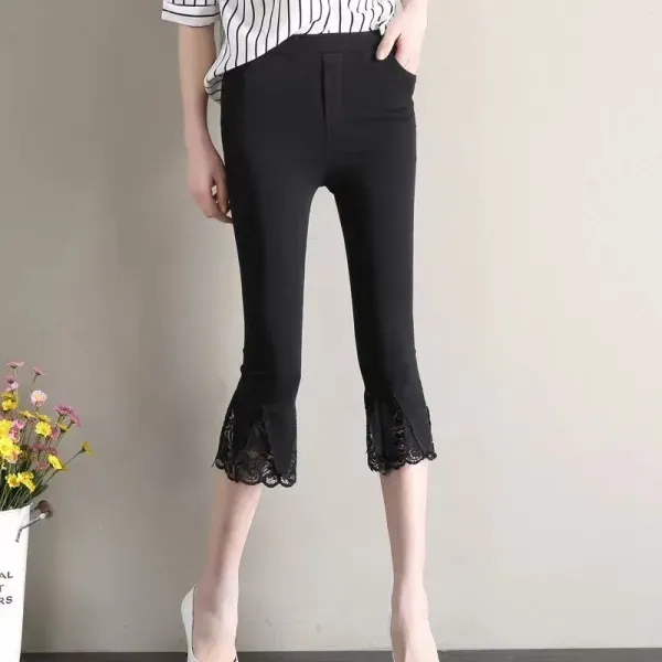 White Stretchy Cropped Pants With Lace Hem
