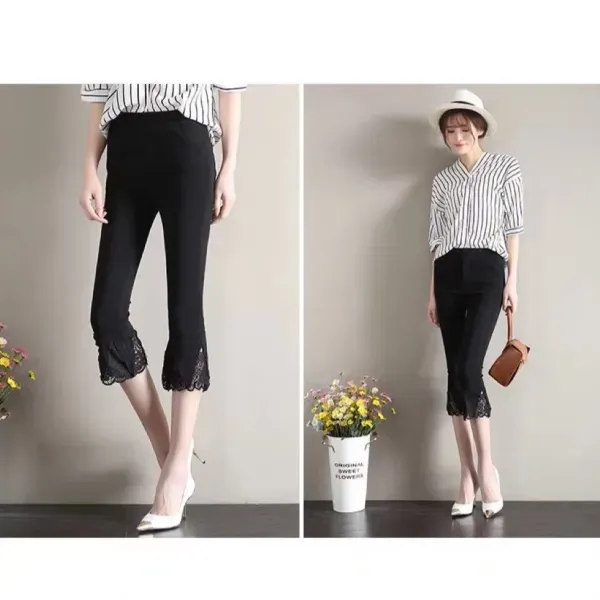 White Stretchy Cropped Pants With Lace Hem