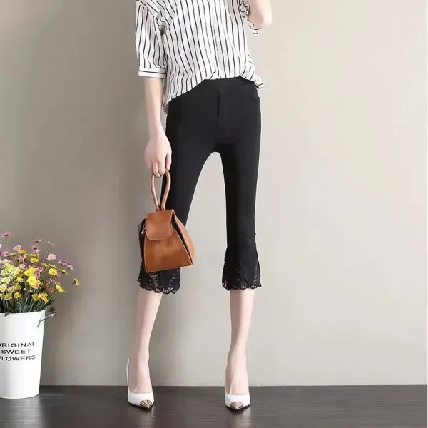 White Stretchy Cropped Pants With Lace Hem