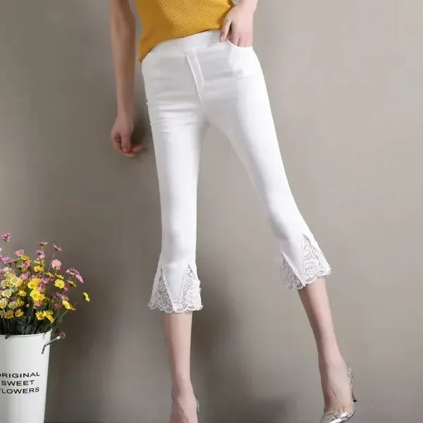 White Stretchy Cropped Pants With Lace Hem
