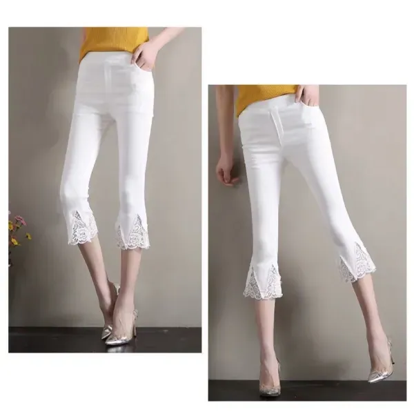White Stretchy Cropped Pants With Lace Hem