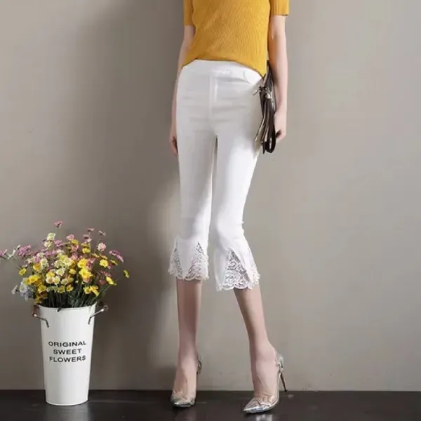 White Stretchy Cropped Pants With Lace Hem