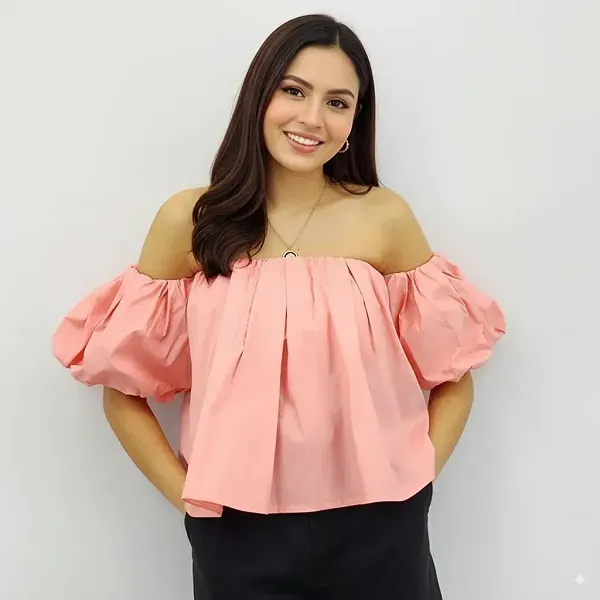Off Shoulder Pleated Puff Sleeve Blouse
