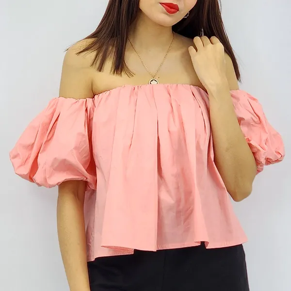 Off Shoulder Pleated Puff Sleeve Blouse