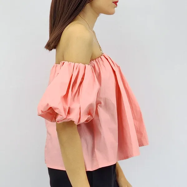 Off Shoulder Pleated Puff Sleeve Blouse