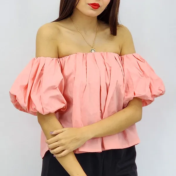 Off Shoulder Pleated Puff Sleeve Blouse