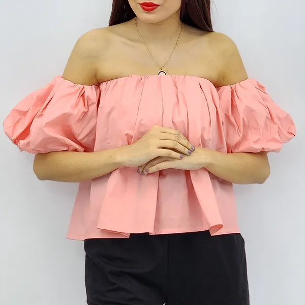Off Shoulder Pleated Puff Sleeve Blouse