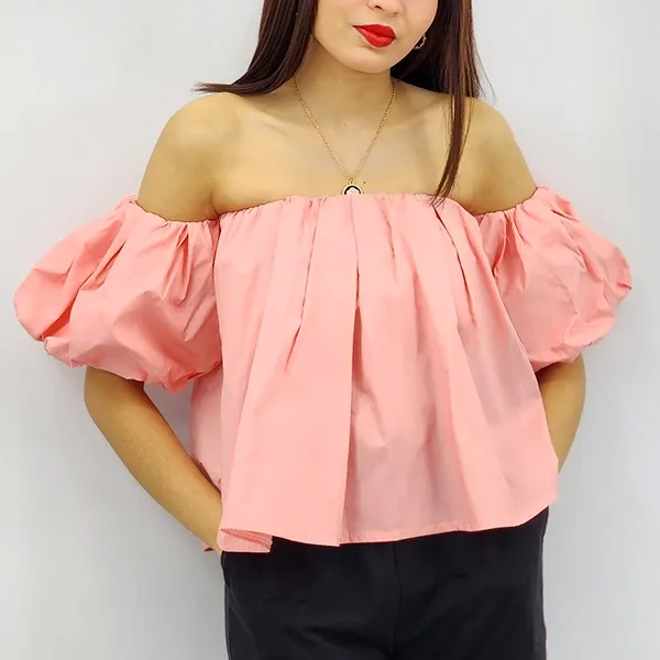 Off Shoulder Pleated Puff Sleeve Blouse