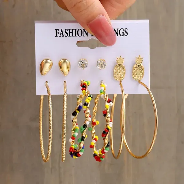 6 Pairs Gold Plated Multicolor Earring Set