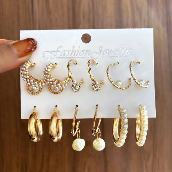 6 Pairs Golden Pearl Elegance Earring Set