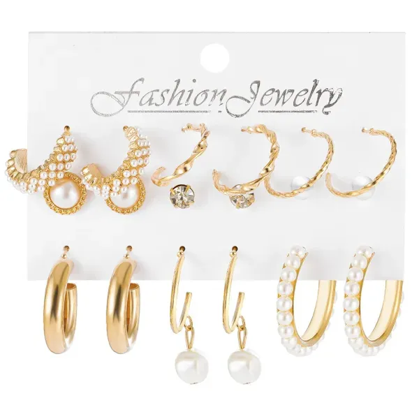 6 Pairs Golden Pearl Elegance Earring Set